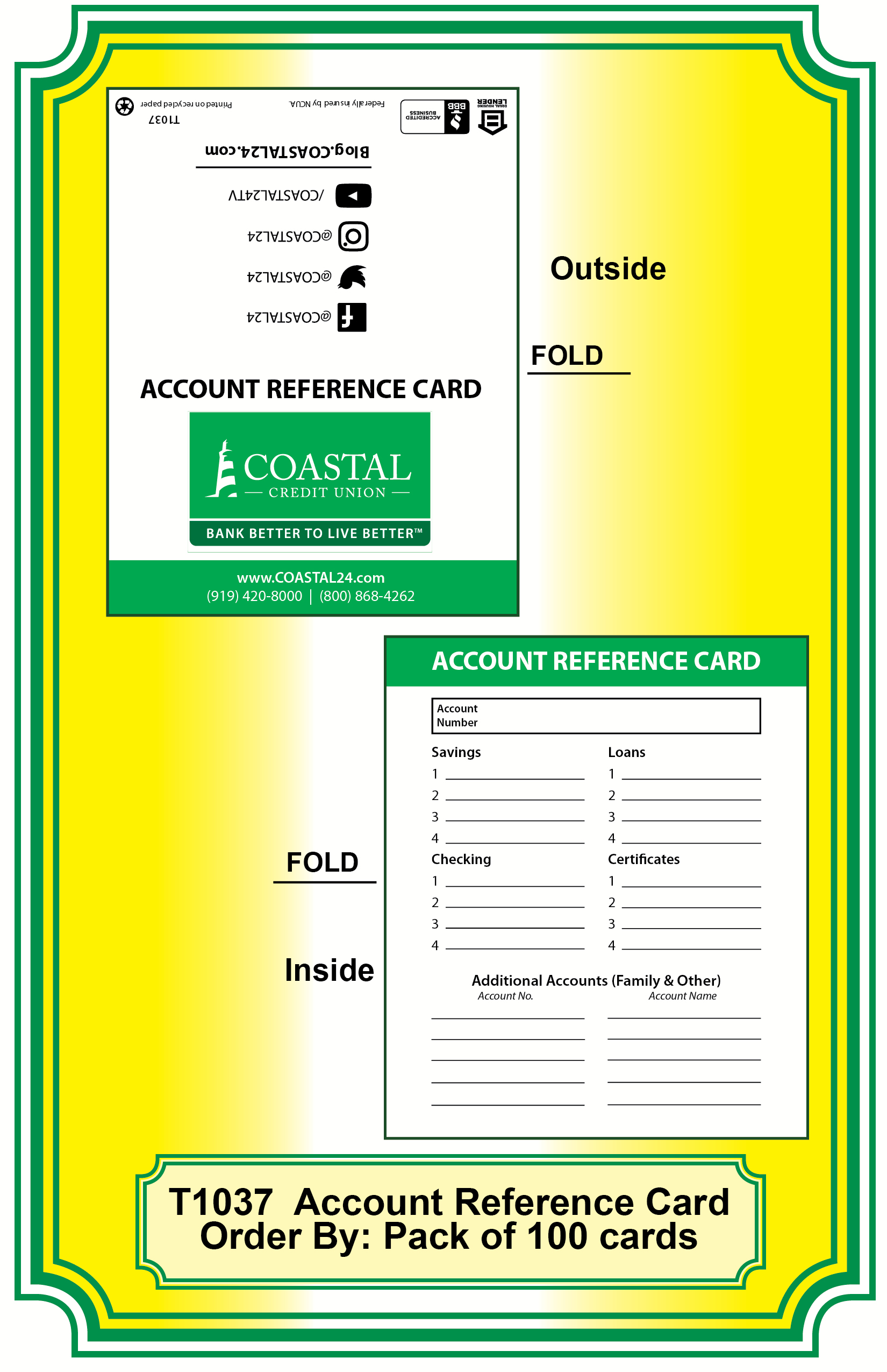 <b>Account Reference Card**<b>Order By: Pack of 100 Cards</b>